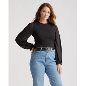 Quince Black Smocked Bodice Blouse with Sheer Long Sleeves